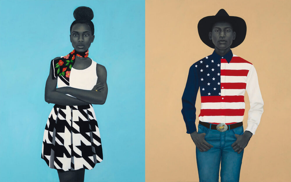 (Left) Amy Sherald, <em>A clear unspoken granted magic</em>, 2017. Oil on canvas, 54 × 43 inches. Collection of Denise and Gary Gardner, Chicago. Courtesy the artist and Monique Meloche Gallery, Chicago; (Right) Amy Sherald, <em>What’s precious inside of him does not care to be known by the mind in ways that diminish its presence (All American)</em>, 2017. Oil on canvas, 54 x 43 inches. Private collection, Chicago. Courtesy the artist and Monique Meloche Gallery, Chicago.