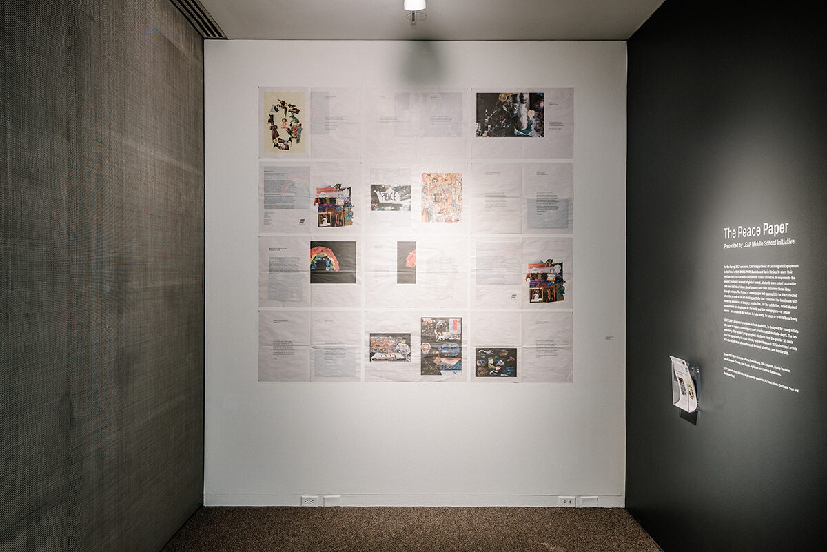 <em>LEAP Middle School Initiative: The Peace Paper</em>, installation view, Contemporary Art Museum St. Louis, September 8–December 31, 2017. Photo: Dusty Kessler.