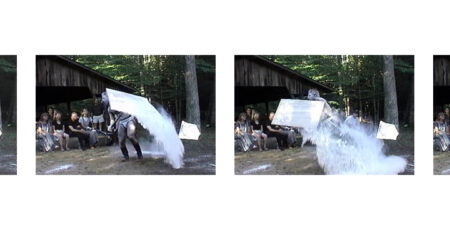 Pope.L, Stills from <em>A Negro Sleeps Beneath the Susquehanna</em>, 1998. Cowan Compound, Bucknell University, Lewisburg, Pennsylvania. Image: Francoise Morelli.