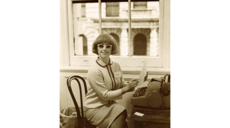 Cindy Sherman, <em>Untitled (Secretary)</em>, 1978. Sepia-toned black and white photograph, 14 x 11 inches. Courtesy the artist and Metro Pictures Gallery, New York.