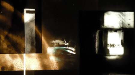 Raha Raissnia, <em>Lapsus</em>, 2010. Composite projection of hand-painted, collaged 35 mm slide, oil on canvas, audio (tape cassettes). Dimensions variable. Sound by Charles Curtis. Courtesy the Miguel Abreu Gallery.
