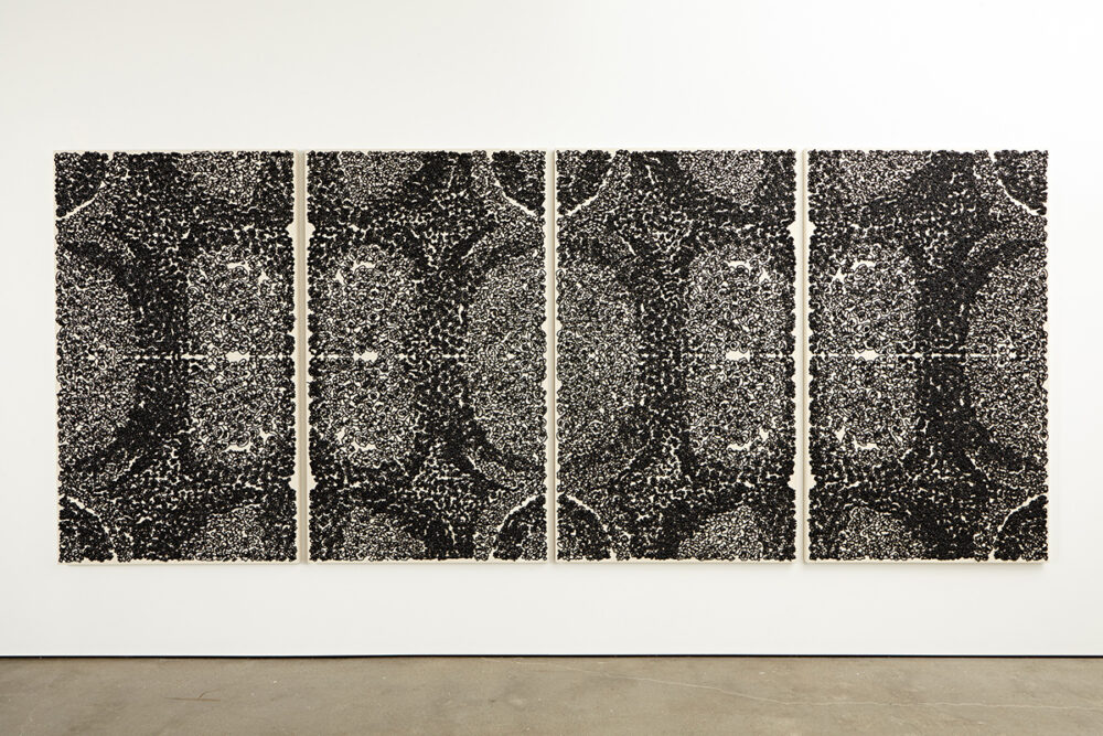 Andrew Millner, <em>Black Rose Parade</em>, 2015. Acrylic and pigment print on linen, 72 x 168 inches. Courtesy the artist and William Shearburn Gallery. 