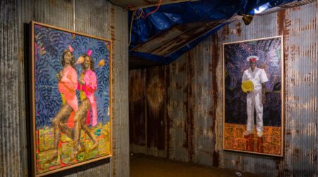 <em>Derek Fordjour: SHELTER</em>, installation view, Contemporary Art Museum St. Louis, January 17–April 19, 2020. Photo: Dusty Kessler.