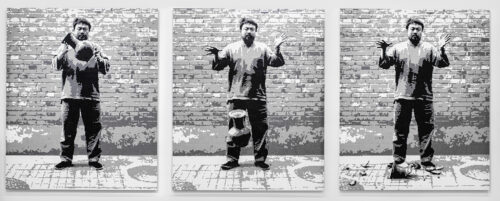 Ai Weiwei (Chinese, b. 1957), <em>Dropping a Han Dynasty Urn</em>, 2015. LEGO bricks, triptych, 94 1/2 x 78 3/4 x 1 3/16 inches each. Courtesy Ai Weiwei Studio. 