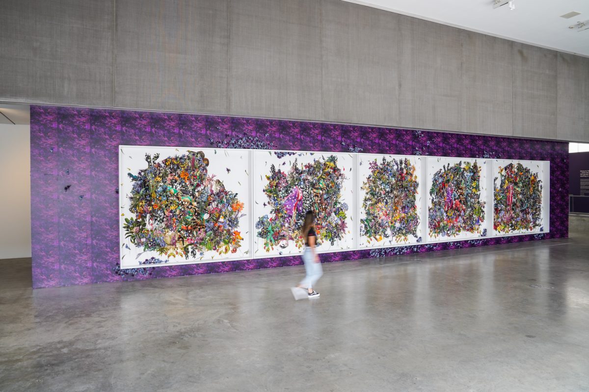<em>Ebony G. Patterson, ...between the stems sits a red cap above and below crown imperials...</em>, installation view, Contemporary Art Museum St. Louis, September 11, 2020–February 21, 2021. Photo: Dusty Kessler.