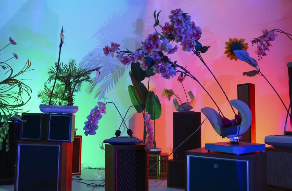 Rachel Youn,<em> Gather</em>, artist rendering, 2020. Massagers, artificial plants, speaker cabinets, sound. Courtesy the artist.