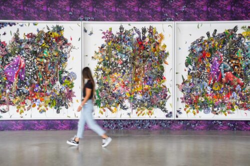 Ebony G. Patterson,<em> ...and the dew cracks the earth, in five acts of lamentation...between the cuts...beneath the leaves...below the soil...</em>, installation view, Contemporary Art Museum St. Louis, September 11, 2020–February 21, 2021. Photo: Dusty Kessler.