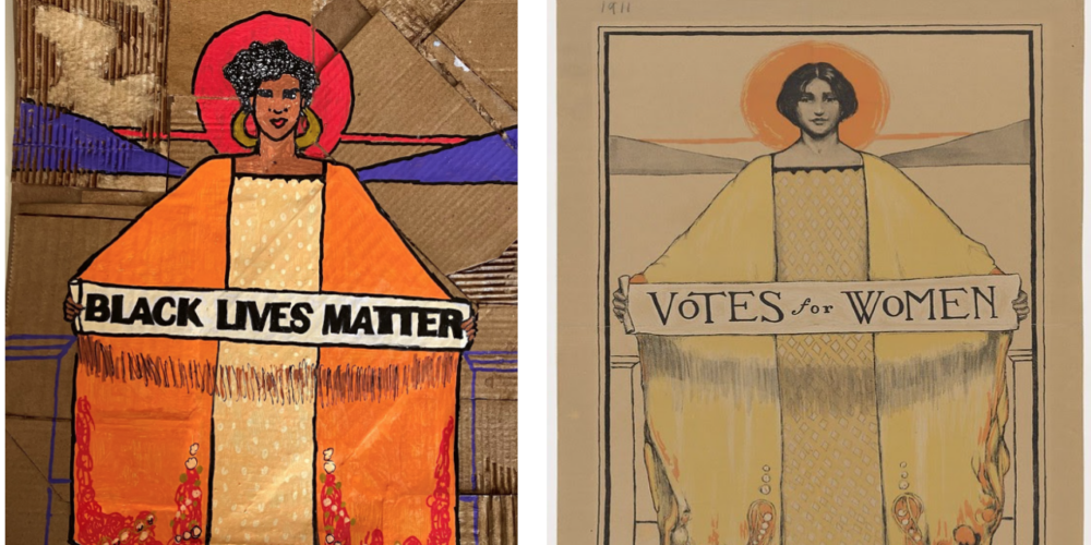 Project example created by CJ Mitchell. Cardboard collage & acrylic markers. 1913 Suffragist, Lithograph by B.M. Boye Schlesinger Library, Radcliffe Institute, Harvard University.


