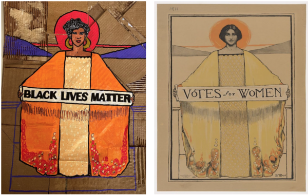 Project example created by CJ Mitchell. Cardboard collage & acrylic markers. 1913 Suffragist, Lithograph by B.M. Boye Schlesinger Library, Radcliffe Institute, Harvard University.