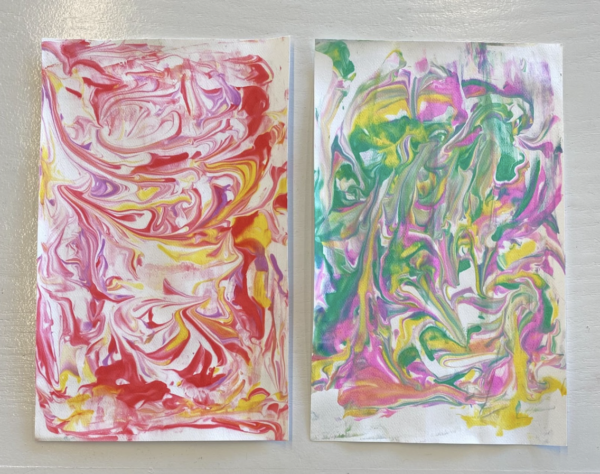 Project example by CJ Mitchell
Shaving cream marble print, liquid watercolors, shaving cream, watercolor paper.