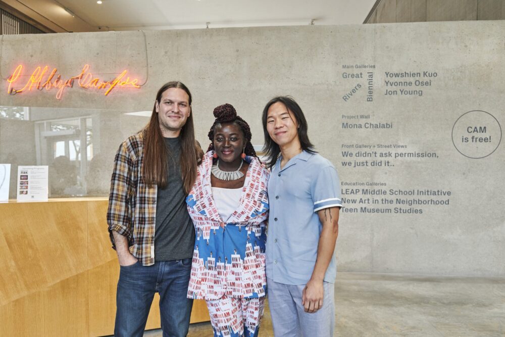 Great Rivers Biennial 2022 artists Jon Young, Yvonne Osei, and Yowshien Kuo. Photo courtesy Wil Driscoll.