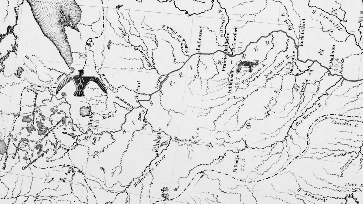 Monique Verdin, <em>ReIndigenized 1861 Mississippi Watershed Map</em> (detail), 2022. Inkjet on canvas. Courtesy the artist.