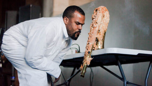 Jamal Cyrus in his performance Texas Fried Tenor. Photo by Liz Ligon.