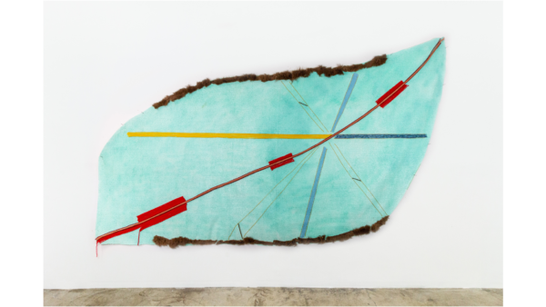 Teresa Baker, <em>Converging</em>, 2023. Spray paint, yarn, buffalo hide and willow on artificial turf. 67 1/2 x 114 inches. Courtesy the artist & de boer Los Angeles & Antwerp. Photo: Jacob Phillip.