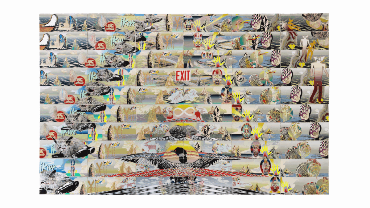 Andrea Carlson, <i>Red Exit</i>, 2019. Acrylic, ink, oil, gouache, watercolor, colored pencil, marker, and graphite on paper, 10 x 14 feet. Collection Whitney Museum of American Art. 