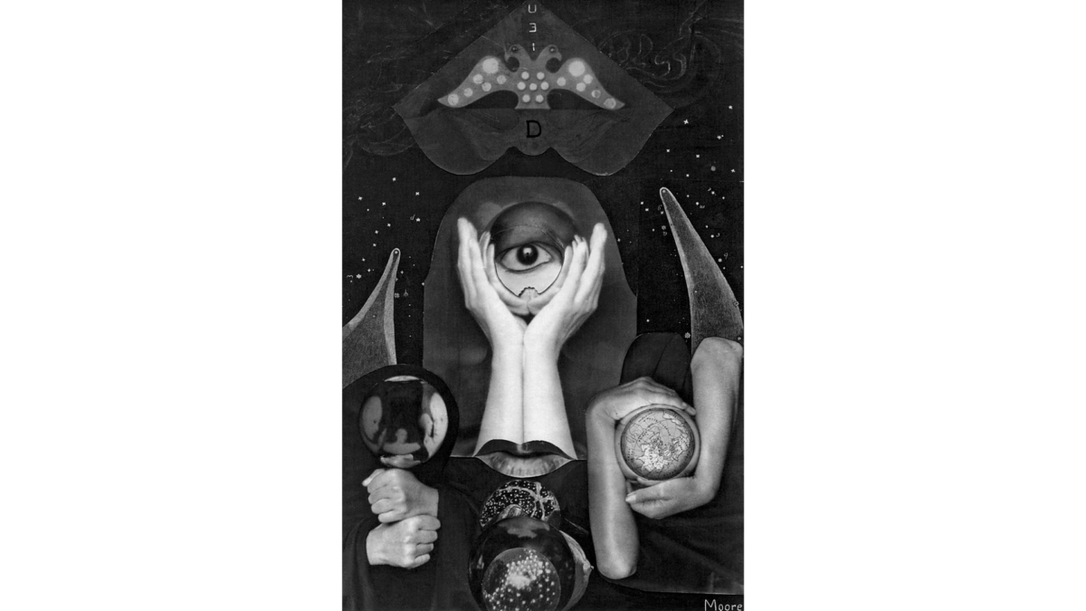 Claude Cahun and Marcel Moore, <i>Aveux non avenus </i> [Disavowed Confessions] frontispiece, 1930, Silver gelatin print photomontage with pencil and ink. Courtesy RISD Museum, Mary B. Jackson Fund 2005.57.