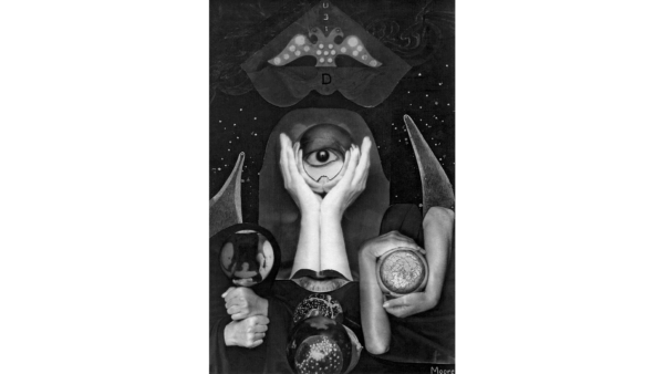 Claude Cahun and Marcel Moore, <i>Aveux non avenus </i> [Disavowed Confessions] frontispiece, 1930, Silver gelatin print photomontage with pencil and ink. Courtesy RISD Museum, Mary B. Jackson Fund 2005.57.