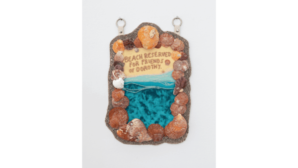 Janie Stamm, <i>Dorothy</i>, 2021.
Glass beads, thread, fabric, sand and shells from Florida, o-rings, canvas, rivets. Courtesy the artist.