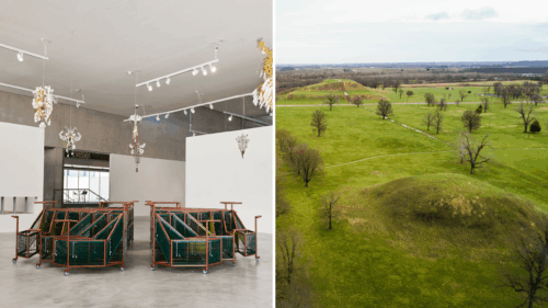 Left: <i>Haegue Yang: Quasi-Heartland</i>, installation view, Contemporary Art Museum St. Louis, September 5, 2025–February 8, 2026. Photo: Izaiah Johnson. Right: Cahokia Mounds State Historic Site.