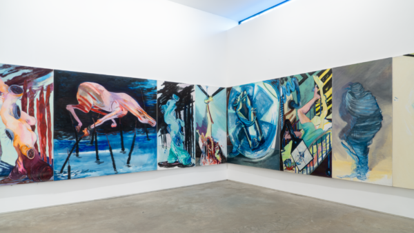 Juanita McNeeley, <i>Triskaidekaptych</i>, 1986, Oil on linen, 13 panels, overall: 72 × 624 inches. Installation view, James Fuentes, New York, 2020.