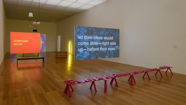 Tony Cokes, installation view, <i>Let Yourself Be Free</i>, Kunstmuseum Liechtenstein, Vaduz, Liechtenstein, 2025. Courtesy the artist; Kunstmuseum Liechtenstein, Vaduz; Greene Naftali, New York; Hoffman Donahue, Los Angeles and New York; Felix Gaudlitz, Vienna; and Electronic Arts Intermix, New York.